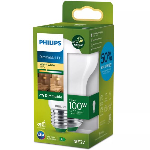 LED izzó E27 A60 7,3 W = 100 W 1535 lm 210 lm/W 2700 K Meleg 300° Szabályozható, A OSZTÁLYÚ, UltraEfficient Philips