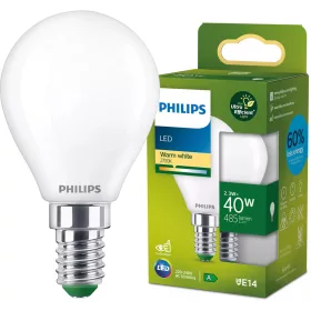   LED izzó E14 gömb alakú P45 2,3 W = 40 W 485 lm 210 lm/W 2700 K Meleg 300° A OSZTÁLYÚ UltraEfficient Philips