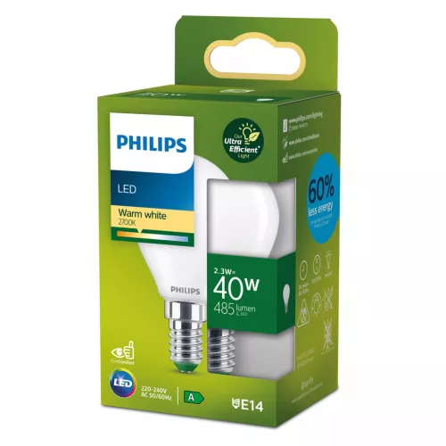 LED izzó E14 gömb alakú P45 2,3 W = 40 W 485 lm 210 lm/W 2700 K Meleg 300° A OSZTÁLYÚ UltraEfficient Philips
