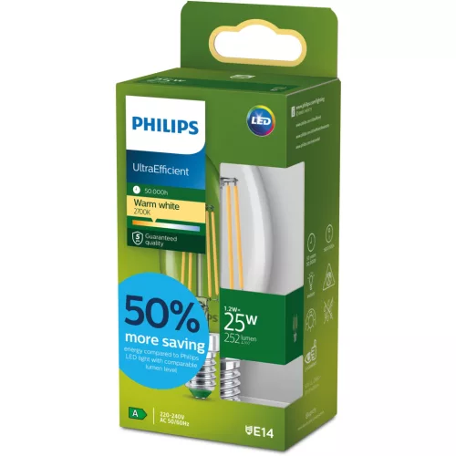 LED izzó E14 gyertya B35 1.2W = 25W 252lm 210lm/W 2700K Meleg 300° A osztályú UltraEfficient Philips