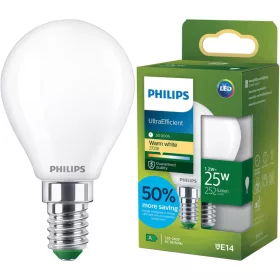   LED izzó E14 gömb alakú P45 1.2W = 25W 252lm 210lm/W 2700K Meleg 300° Tejes A OSZTÁLYÚ UltraEfficient Philips