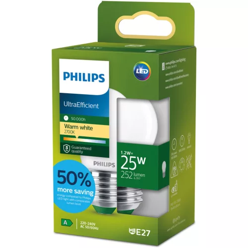 LED izzó E27 gömb alakú P45 1.2W = 25W 252lm 210lm/W 2700K Meleg 300° Tejes A OSZTÁLYÚ UltraEfficient Philips