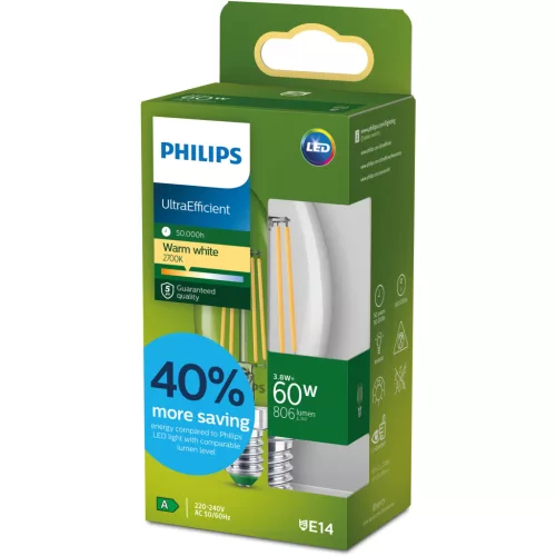 LED izzó E14 gyertya B35 3.8W = 60W 806lm 212lm/W 2700K Meleg 300° A osztályú UltraEfficient Philips