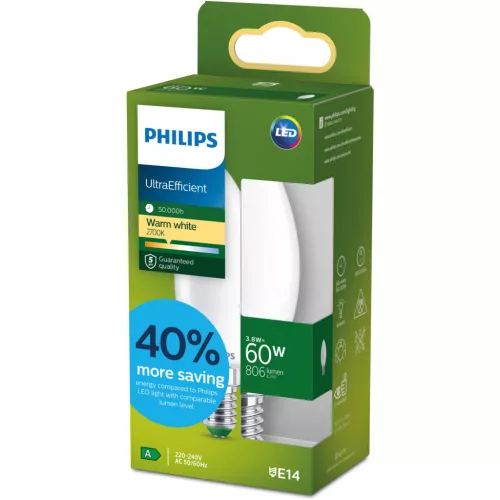 LED izzó E14 gyertya B35 3.8W = 60W 806lm 212lm/W 2700K Meleg 300° Tejes A OSZTÁLYÚ UltraEfficient Philips