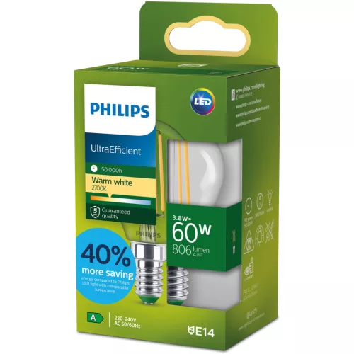 LED izzó E14 gömb alakú P45 3,8 W = 60 W 806 lm 212 lm/W 2700 K Meleg 300° A OSZTÁLYÚ UltraEfficient Philips