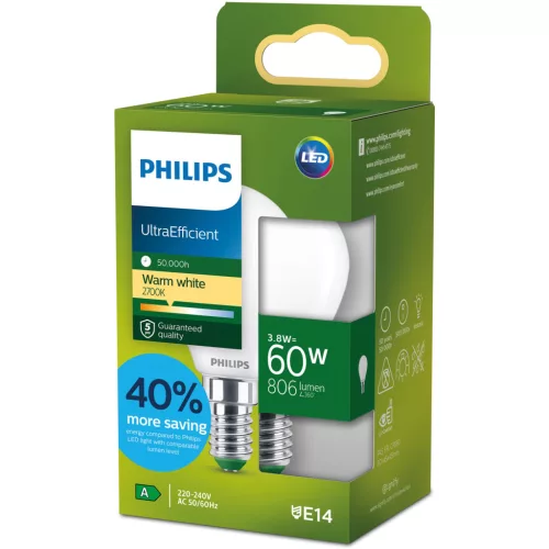 LED izzó E14 gömb alakú P45 3,8 W = 60 W 806 lm 212 lm/W 2700 K Meleg 300° Tejes A OSZTÁLYÚ UltraEfficient Philips