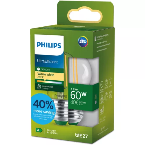 LED izzó E27 gömb alakú P45 3,8 W = 60 W 806 lm 212 lm/W 2700 K Meleg 300° A OSZTÁLYÚ UltraEfficient Philips