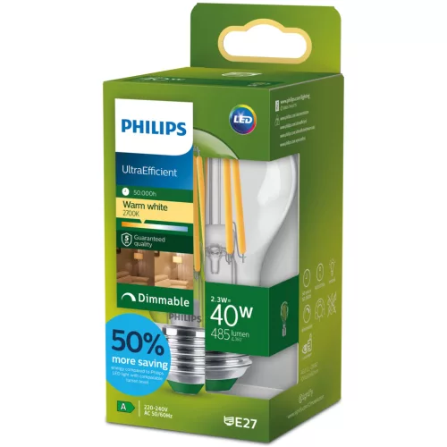 LED izzó E27 A60 2,3 W = 40 W 485 lm 212 lm/W 2700 K Meleg 300° A OSZTÁLYÚ Szabályozható UltraEfficient Philips