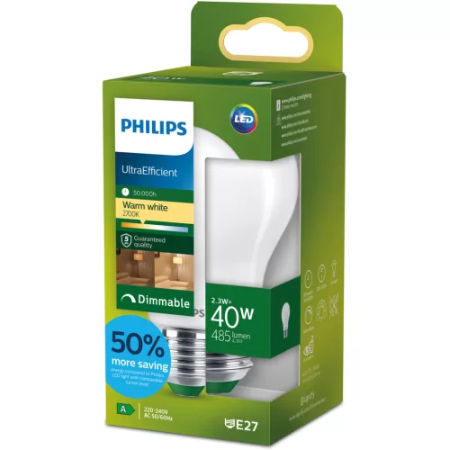 LED izzó E27 A60 2,3 W = 40 W 485 lm 212 lm/W 2700 K Meleg 300° Tejes A OSZTÁLYÚ Szabályozható UltraEfficient Philips