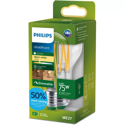 LED izzó E27 A60 5,2 W = 75 W 1095 lm 212 lm/W 2700 K Meleg 300° A OSZTÁLYÚ Szabályozható UltraEfficient Philips