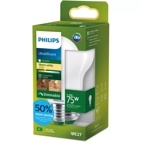 LED izzó E27 A60 5,2 W = 75 W 1095 lm 212 lm/W 2700 K Meleg 300° Tejes A OSZTÁLYÚ Szabályozható UltraEfficient Philips