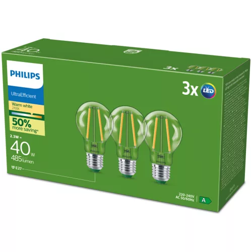 3x LED izzó E27 A60 2.3W = 40W 485lm 210lm/W 2700K Meleg 300° A OSZTÁLYÚ UltraEfficient Philips