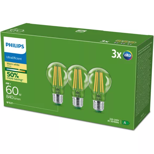 3x LED izzó E27 A60 4W = 60W 840lm 210lm/W 2700K Meleg 300° A OSZTÁLYÚ UltraEfficient Philips