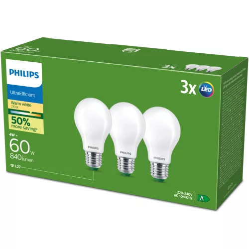 3x LED izzó E27 A60 4W = 60W 840lm 210lm/W 2700K Meleg 300° Tejes A OSZTÁLYÚ Ultrahatékony Philips
