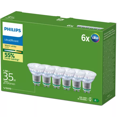 6x LED izzó GU10 spotlámpa PAR16 1.2W = 35W 215lm 179lm/W 2700K Meleg 36° A OSZTÁLYÚ UltraEfficient Philips