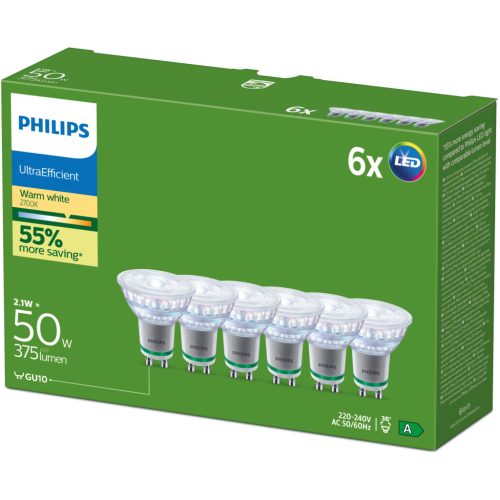 6x LED izzó GU10 spotlámpa PAR16 2.1W = 50W 375lm 190lm/W 2700K Meleg 36° A OSZTÁLYÚ UltraEfficient Philips