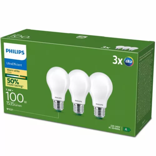 3x LED izzó E27 A60 7.3W = 100W 1535lm 210lm/W Meleg 2700K 300° A OSZTÁLYÚ UltraEfficient Philips