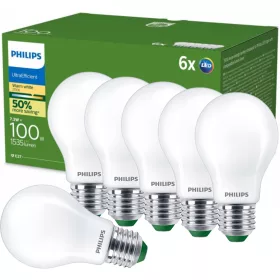   6x LED izzó E27 A60 7.3W = 100W 1535lm 210lm/W 2700K Meleg 300° A OSZTÁLYÚ UltraEfficient Philips