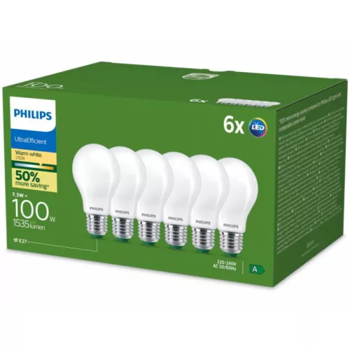 6x LED izzó E27 A60 7.3W = 100W 1535lm 210lm/W 2700K Meleg 300° A OSZTÁLYÚ UltraEfficient Philips
