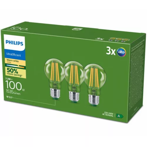 3x LED izzó E27 A60 7.3W = 100W 1535lm 210lm/W 2700K Meleg 300° A OSZTÁLYÚ UltraEfficient Philips