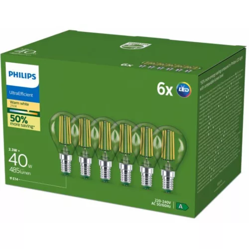 6x LED izzó E14 gömb P45 2.3W = 40W 485lm 210lm/W 2700K Meleg 300° A OSZTÁLYÚ UltraEfficient Philips