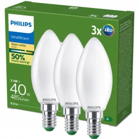   3x LED izzó E14 gyertya B35 2.3W = 40W 485lm 210lm/W 2700K Meleg 300° A osztályú UltraEfficient Philips