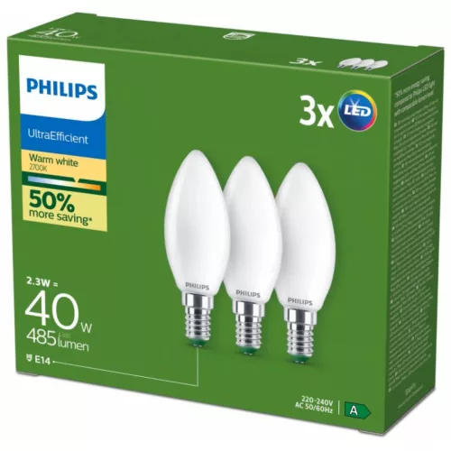 3x LED izzó E14 gyertya B35 2.3W = 40W 485lm 210lm/W 2700K Meleg 300° A osztályú UltraEfficient Philips