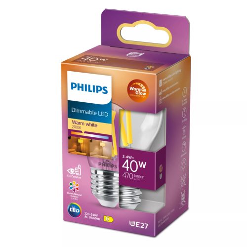 LED izzó E27 gömb alakú P45 3,4 W = 40 W 470 lm 2200-2700 K Meleg CRI90 IZZÓFÜLES Szabályozható fényerejű WarmGlow Philips