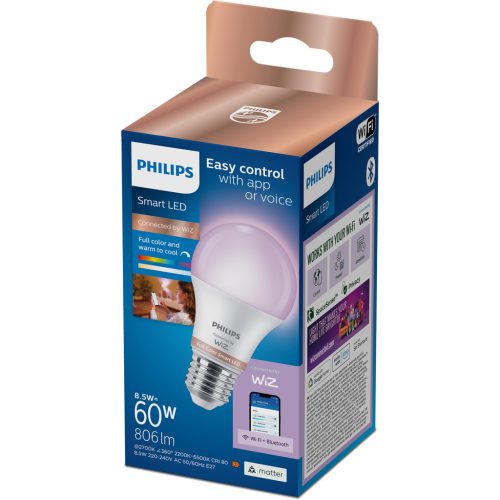 LED izzó E27 A60 8.5W = 60W 806lm 2200-6500K RGB + TW Intelligens SMART WiFi Bluetooth WiZ alkalmazás Philips