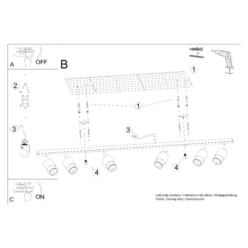 NERO mennyezeti lámpa 6xGU10 reflektoros mozgatható halogén lámpatest 117cm fekete króm SOLLUX