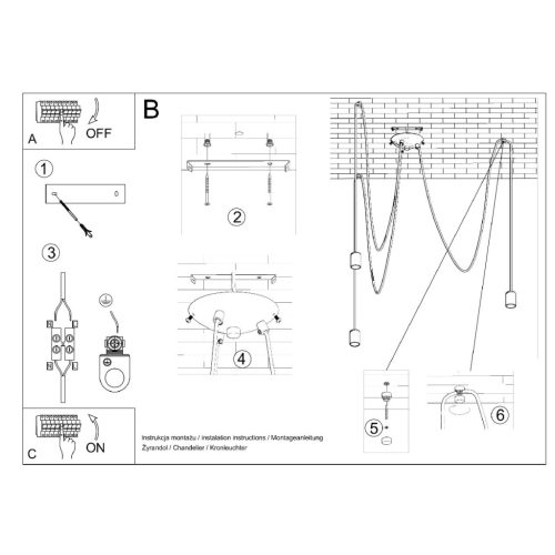 LED függesztett mennyezeti lámpa EDISON 3xE27 csillár fekete SOLLUX