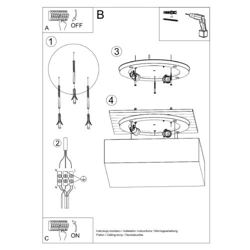 Felületre szerelhető lámpatest HORUS 3xE27 Négyzet alakú mennyezeti lámpa 45cm Modern fekete-fehér SOLLUX