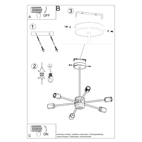 LED függő mennyezeti lámpa LANGO 6xE27 csillár fekete SOLLUX