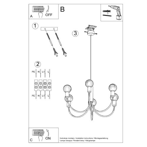 LED függő mennyezeti lámpa PICCOLO 5xE27 csillár fekete SOLLUX