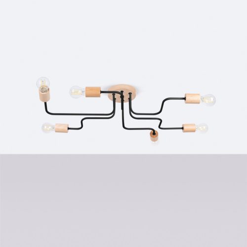 Mennyezeti Lámpa Csillár 6x E27 Natúr Fa Fekete Timbo Őszibarack Puff SL.1670 Sollux