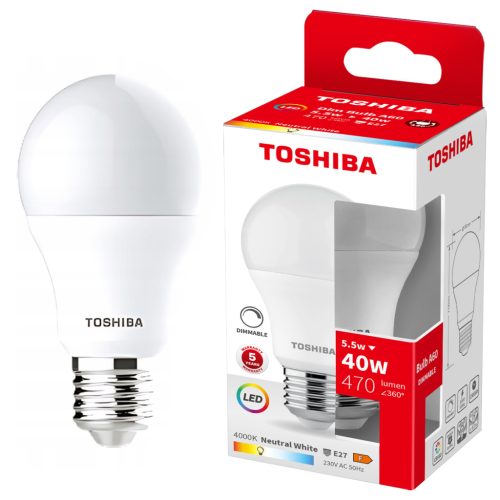 E27 A60 LED izzó 5,5W = 40W 470lm 4000K semleges, szabályozható TOSHIBA