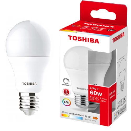 E27 A60 LED izzó 8,5W = 60W 806lm 4000K semleges, szabályozható TOSHIBA