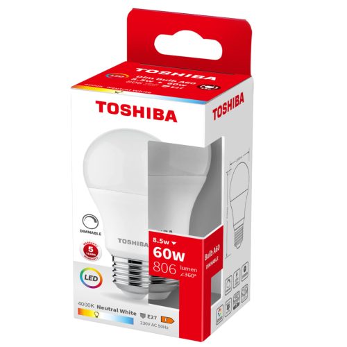 E27 A60 LED izzó 8,5W = 60W 806lm 4000K semleges, szabályozható TOSHIBA