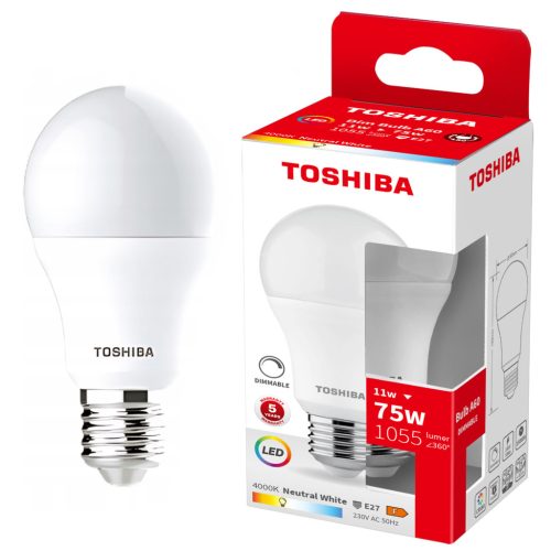 E27 A60 LED izzó 11W = 75W 1055lm 4000K semleges, szabályozható TOSHIBA
