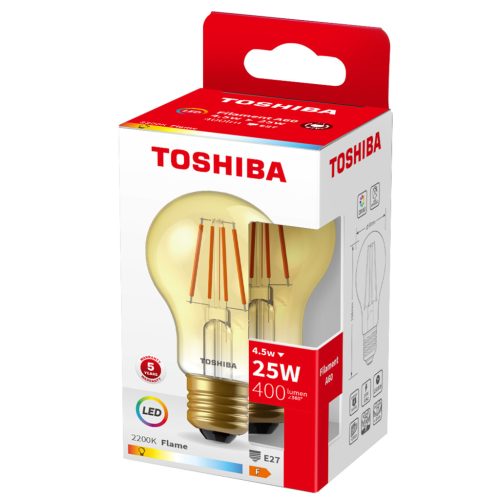 E27 A60 LED izzó 4,5W = 25W 400lm 2200K meleg izzószál borostyán TOSHIBA