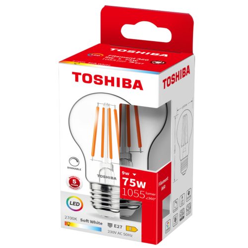 LED izzó E27 A60 9W = 75W 1055lm 2700K meleg izzószál, szabályozható TOSHIBA