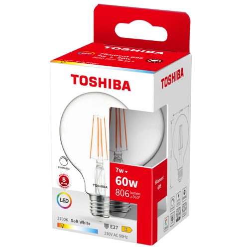 LED izzó E27 G95 7W = 60W 806lm 2700K meleg izzószál szabályozható TOSHIBA