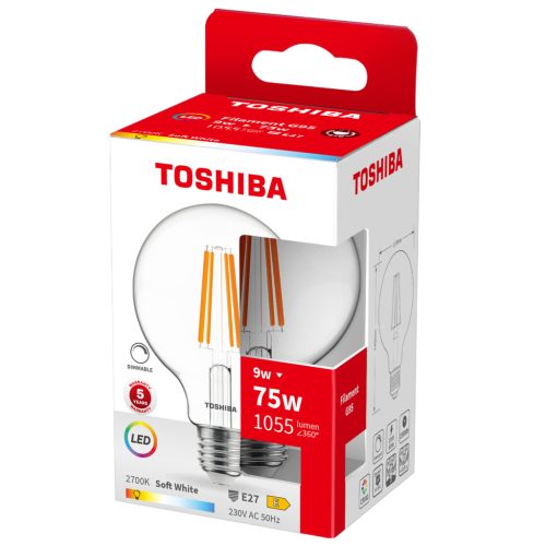 LED izzó E27 G95 9W = 75W 1055lm 2700K meleg izzószál, szabályozható TOSHIBA