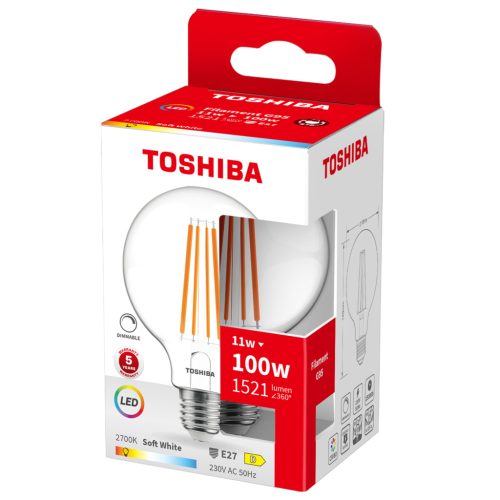 LED izzó E27 G95 11W = 100W 1521lm 2700K meleg izzószál, szabályozható TOSHIBA