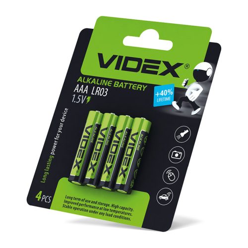 Videx LR03 AAA alkáli elemek 1,5 V, 4 db-os bliszteres kiszerelésben