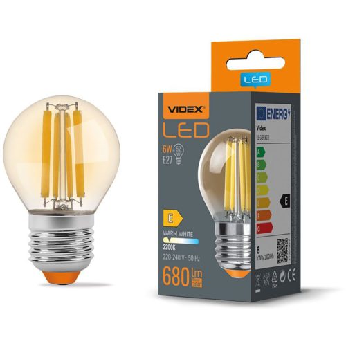 E27 G45 LED izzó 6W = 52W 680lm 2200K meleg borostyán izzószál 360° VIDEX