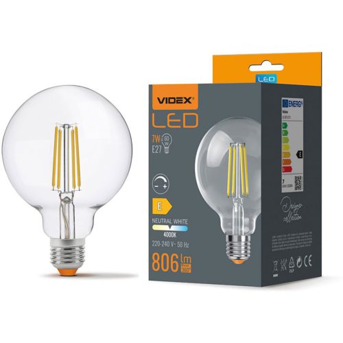 E27 G95 LED izzó 7W = 60W 806lm 4000K semleges izzószál, 360°-ban szabályozható VIDEX