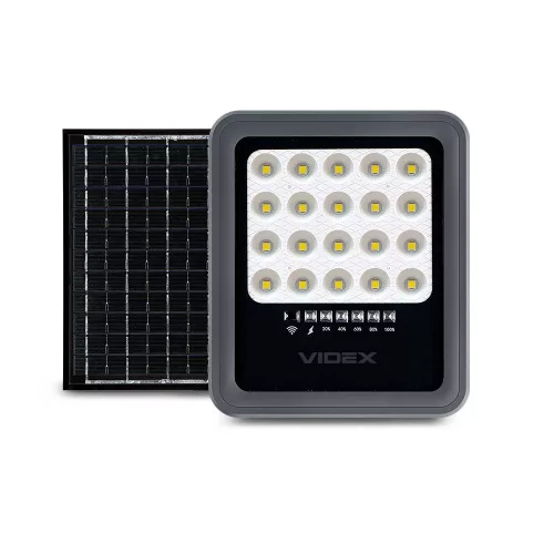 Napelemes LED reflektor távirányítóval 6W 500lm 5000K Semleges 90° 3.7V IP65 IK07 Felületre szerelhető szürke VIDEX