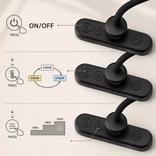 LED asztali olvasó- és éjjeli lámpa 0.7W 60lm CCT 1000mAh akkumulátoros USB-C fekete Videx