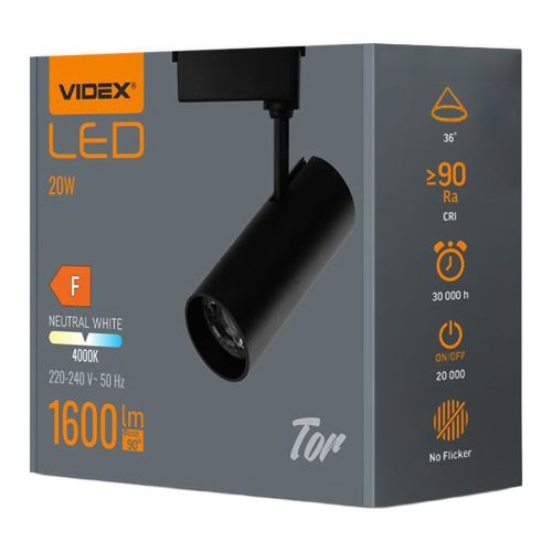 Sínre szerelhető LED spotlámpa 20W 4000K 1600lm 90CRI 36° Állítható fekete Videx